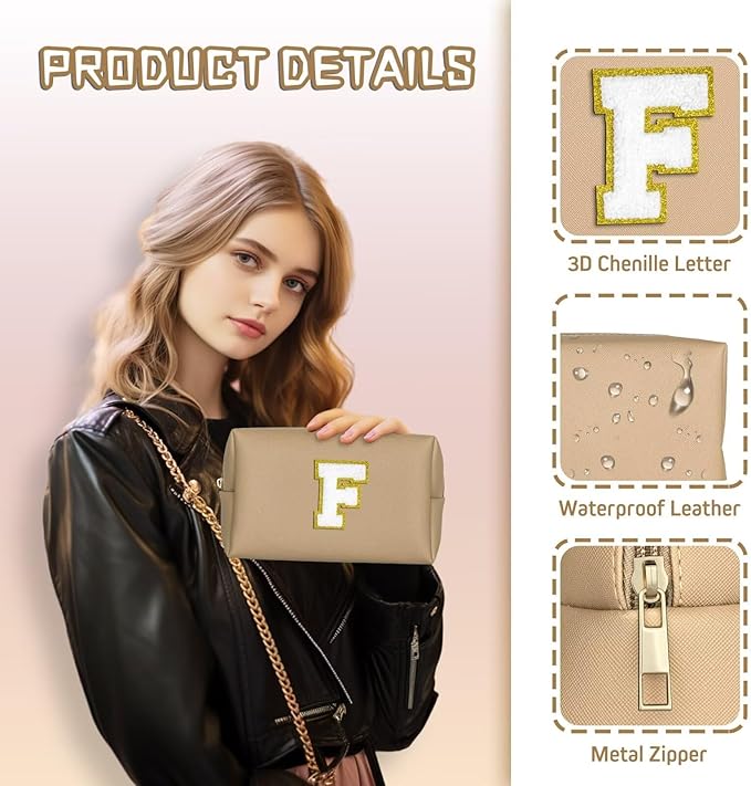 TOPEAST Preppy Stuff Cute Makeup Bag Small Cosmetic Bag Travel Toiletry Bag, Personalized Birthday Wedding Gifts for Mom Teacher Friends Bridesmaids, Preppy Travel Stuff for Girls (Khaki N)