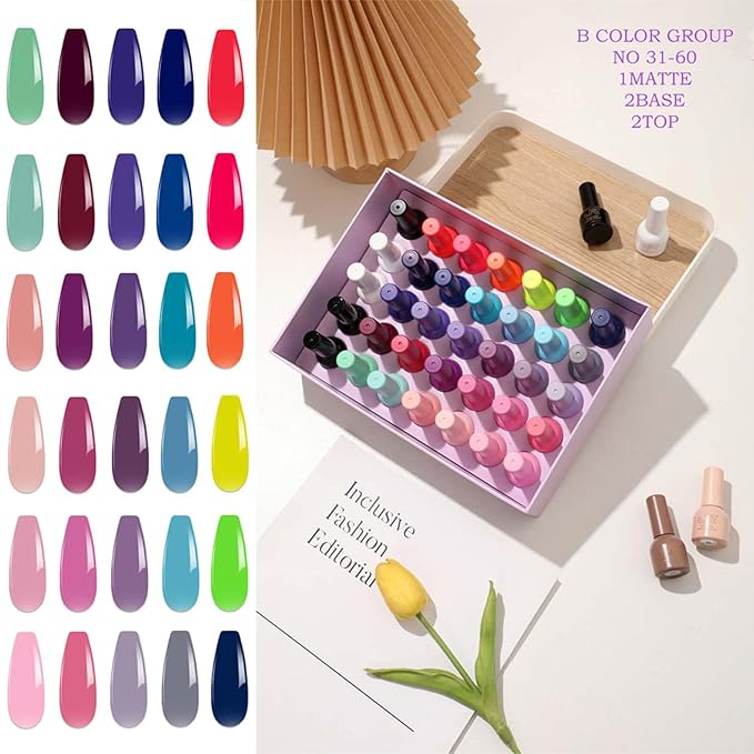 JR 35pcs 10ml Gel Nail Polish Same Color Same Bottle Deep Colors Blue Green Yellow Red Pink Gel Polish Set Base Top Matte Coat for Professional Nail Salon Art Manicure Gifts for Women B Set