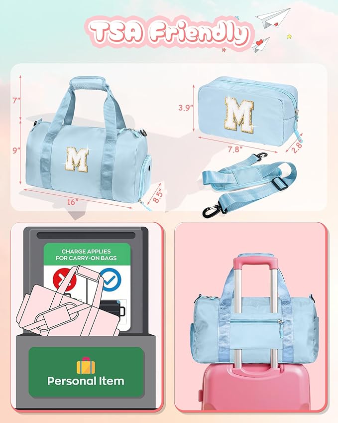 Sister Gifts from Sisters-Girl Gym Bag with Shoe Compartment, Kid Personalized Weekender Dance Bags, Initial Travel Tote with Makeup Pouch, Preppy Things for Kids Girls (Letter E)