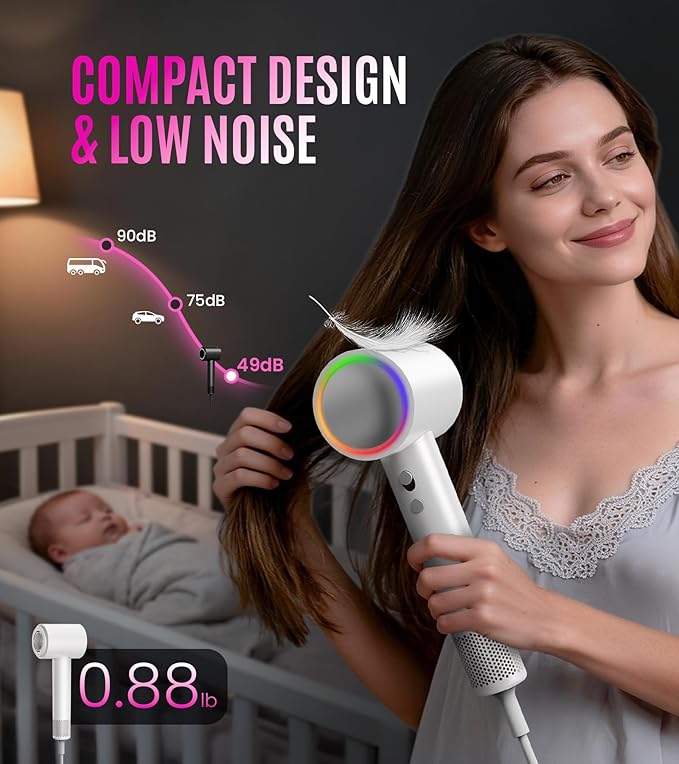 16W RPM High-Speed Hair Dryer for Fast Drying, Quiet lonic Blow Dryer with Frizz Control & No Heat Damage, Lightweight Travel Hair Dryer with Magnetic Nozzles for Curly & Straight Hair (White)