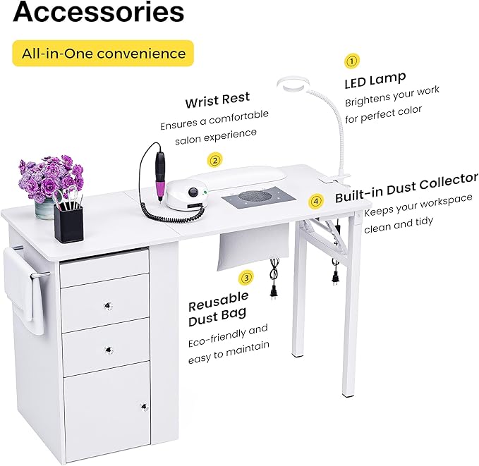 Foldable Nail Table with Dust Collector, Manicure Desk for Nail Tech, with LED Lamp, Wrist Rest, Rolling Nail Table for Salon, Home Beauty Workstation, Compact Nail Station with Storage (White)
