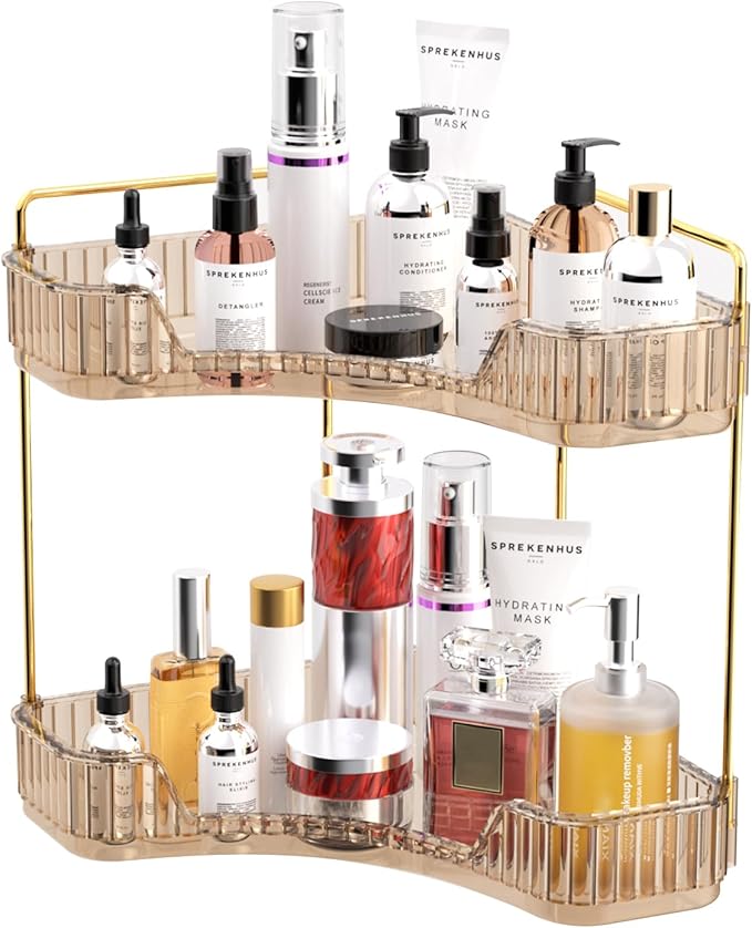 GTI 2 Tier Makeup Organizer, Large Capacity Bathroom Counter Organizer, Perfume Cosmetics Skincare Vanity Organizers, Dresser Countertop Organizer and Storage for Women (Amber)
