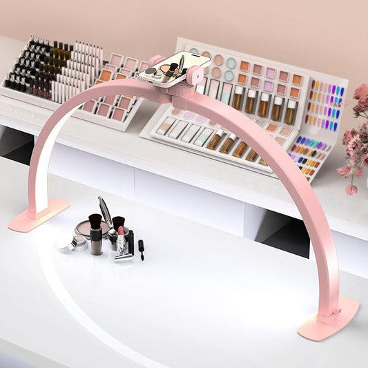 Professional Large Half Moon LED Light for Nail Desk with Phone Holder, Foldable Arch Light for Nail Techs Perfect for Manicure Handicraft Lighting Lamp (Pink, Large)