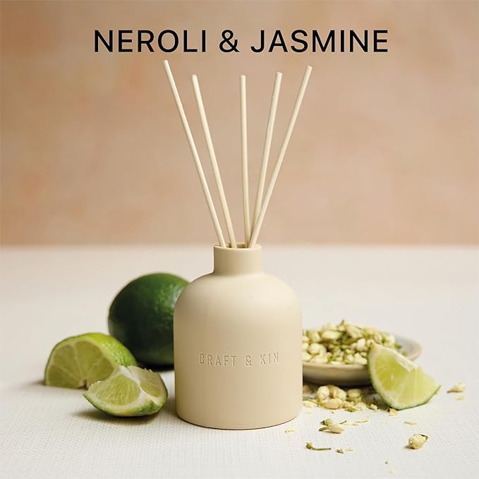 Craft & Kin Christmas Reed Diffuser for Home & Bathroom – Neroli & Jasmine Holiday Reed Diffuser Set with Fragrance Sticks, Long-Lasting Alcohol-Free Winter Scent, Earthenware Collection, 6.7oz