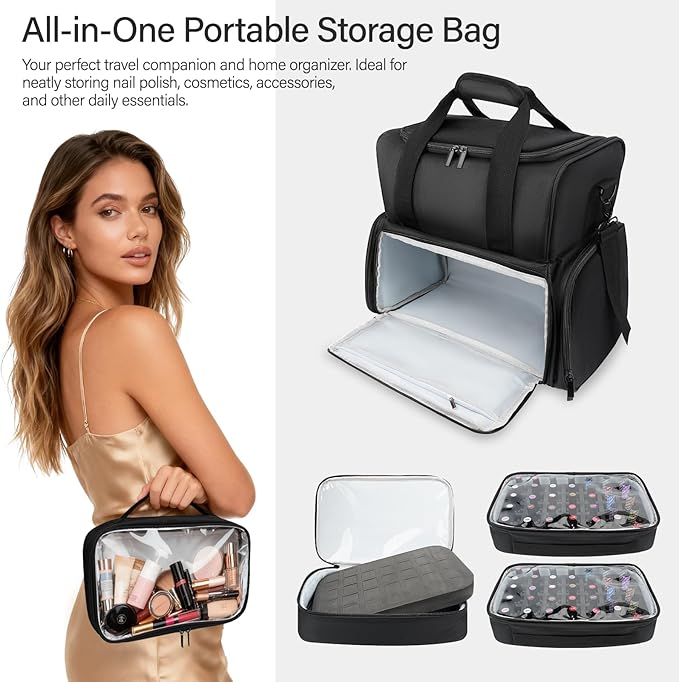 LKE Nail Polish Organizer Case - Holds Up to 70 Bottles, Nail Lamp & 2 Removable Bags, Large Capacity 4-Section Professional Manicure Kit for Nail Artists & Enthusiasts