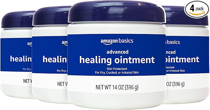 Amazon Basics Healing Ointment & Skin Protectant for Dry & Cracked Skin and Chapped Lips, Fragrance Free, 14 Oz (Pack of 4)