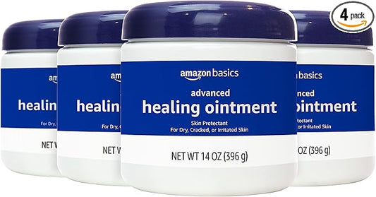 Amazon Basics Healing Ointment & Skin Protectant for Dry & Cracked Skin and Chapped Lips, Fragrance Free, 14 Oz (Pack of 4)