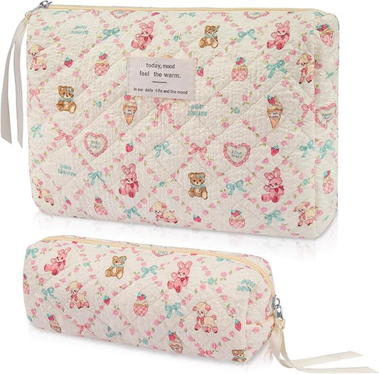 2PC Makeup Bag Set, Cute Cosmetic Bag for Women Girls, Floral Coquette Aesthetic Toiletry Bag, Travel Make Up Organizer Bag (Care Bear)