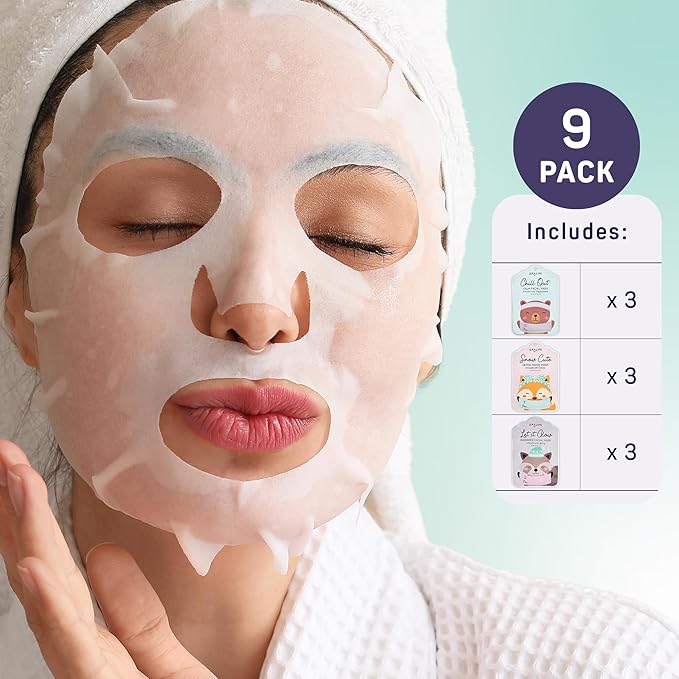 SpaLife Beauty Holiday Gift Tags Christmas Face Mask Bundle | Korean Facial Masks | Hydrating, Tone Evening, Refreshing Christmas Sheet Mask Set | Christmas Gifts for Women | 9 Pack