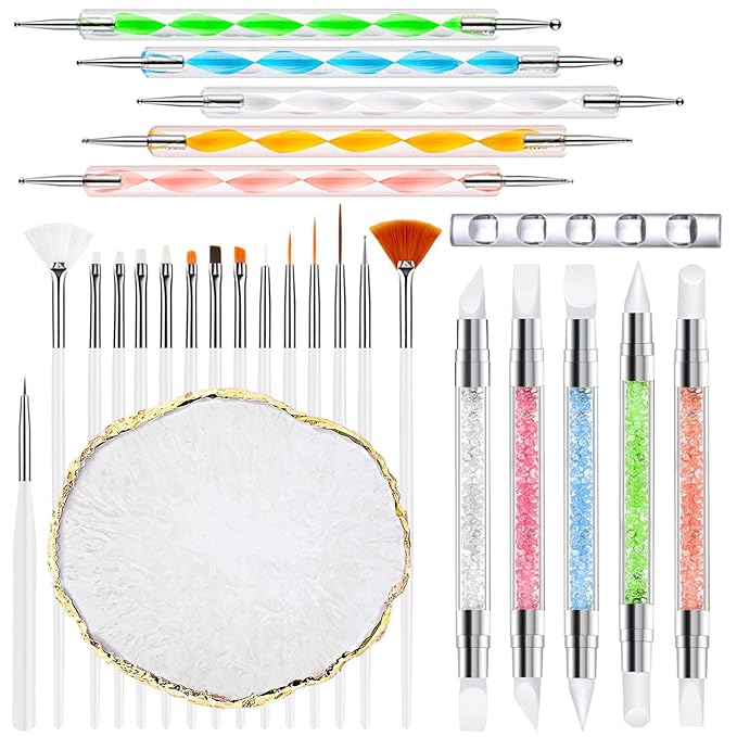 Nail Art Brush,27Pcs Set Nail Art Tools,Resin Nail Art Palette,5 Pcs Nail Art Sculpture Pen,2-way Acrylic Silicone Engraving Pen Dotting Pen Tools Nail Art Kit for Nail Art DIY