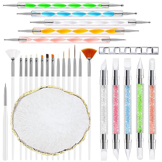 Nail Art Brush,27Pcs Set Nail Art Tools,Resin Nail Art Palette,5 Pcs Nail Art Sculpture Pen,2-way Acrylic Silicone Engraving Pen Dotting Pen Tools Nail Art Kit for Nail Art DIY