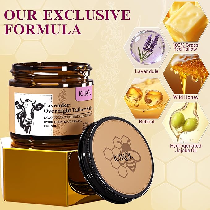 Organic Beef Tallow Honey Balm, Handmade Moisturizer Beef Tallow for Face and Body, Grass Fed Beef Tallow for Dry Skin, Pure Natural Cream with Lavender Scented, 2.1oz