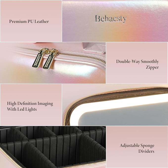 Travel Makeup Bag with LED Lighted Mirror, Cosmetic Makeup Organizer Bag with 3 Color Setting, Makeup Train Case with Adjustable Dividers for Women Makeup Brushes Jewelry Accessories