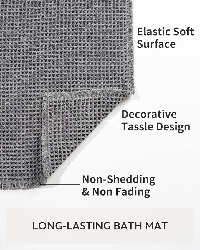 tchdio Waffle Bath Mat-Runner Rug, Super Absorbent Non Slip Bath Mats for Bathroom Machine Washable Long Rugs with Tassels, Bath Rugs for Bathroom Floor Beside Tub, 2' x 5', Dark Grey