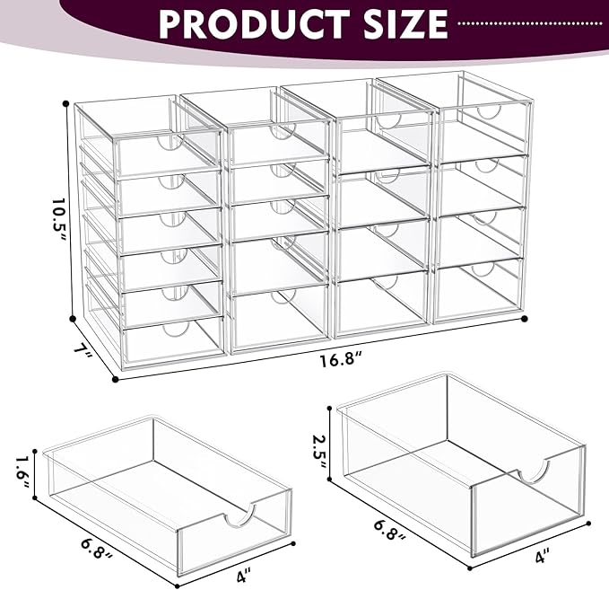 Acrylic Makeup Organizer with 19 Drawers, 4 Pack Clear Storage Drawers, Bathroom Makeup Organizer for Palettes, Cosmetic, and Beauty Supplies,Ideal for Vanity, Cabinet,Desk Organization