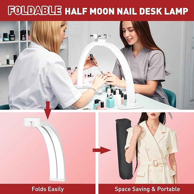KIRKAS Foldable Esthetician for Half Moon Light Nail Tech for Lash, Craft, Tattoo, Manicure, 29in Large Nail Desk Lamp 4700 Lumens Adjustable 3 Color Modes & 10 Brightness with Phone Stand-White
