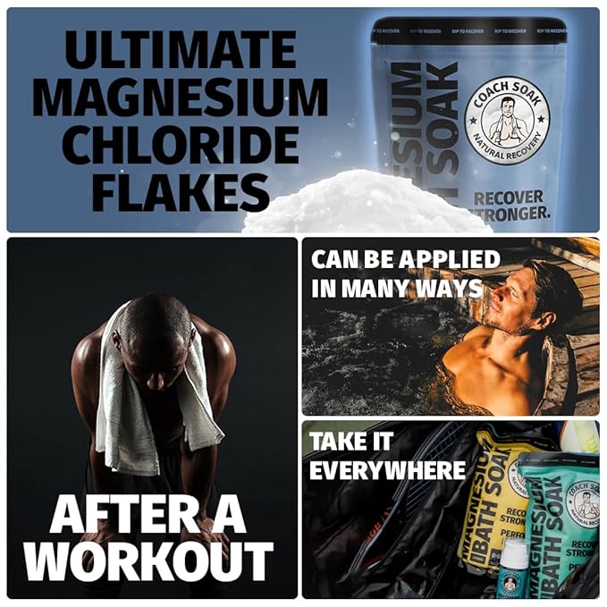 Coach Soak Recovery Bath Soak - Alternative to Epsom Salt Bath Soak - Fast-Absorbing Pure Magnesium Flakes & Dead Sea Salt with 21 Minerals, Bath Salts & Essential Oils - 3 lb, Unscented