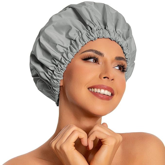 Reusable Shower Cap for Women, Large Waterproof Shower Essentials Bonnet Washable Elastic Band Bath Hair Wrap Hat for Long Hair, Braids(Dark Grey)