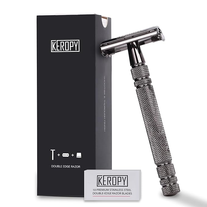 Double Edge Safety Razor for Men with 10 Blades - Christmas Stocking Stuffers for Men, Dad, Husband - Unique Holiday Gifts, Eco-Friendly Butterfly Open Razor for a Close Shave - Gloss Black