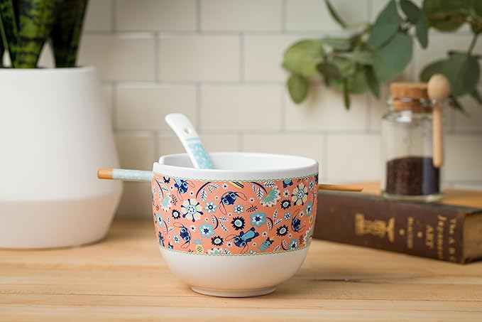 Silver Buffalo Disney Lilo and Stitch Flower and Leaves Pattern Ceramic Ramen Noodle Rice Bowl with Chopsticks and Spoon, Microwave Safe, 20 Ounces