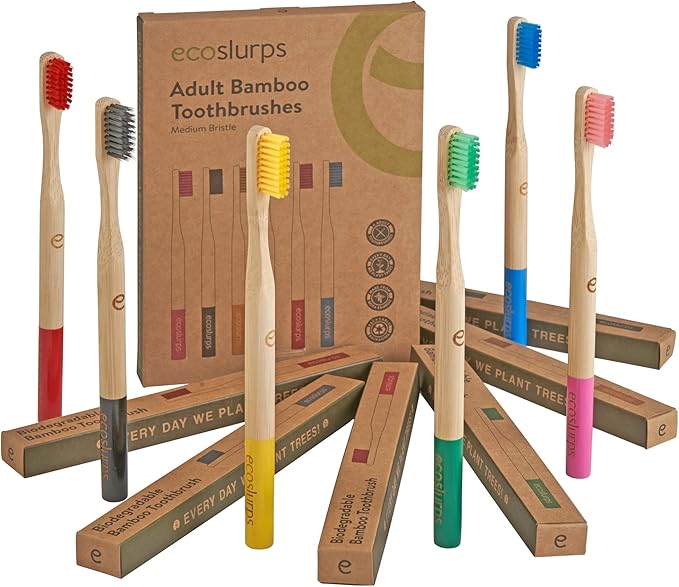 EcoSlurps 6 Bamboo Toothbrushes Multipack - Award Winning Round Handle Soft Medium Bristle Wooden Toothbrush Family Set Bulk (6 Pack)
