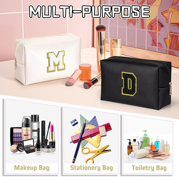 TOPEAST Initial Makeup Bag, Personalized Initial Bags with Zipper, Cute Makeup Pouch, PU Leather Waterproof Cosmetic Bag, Birthday Gift for Women, Preppy Things for Girls (Black A)