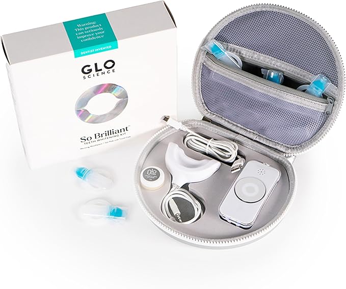 GLO Science So Brilliant Teeth Whitening Kit – Patented Warming Mouthpiece with LED Light Technology, Whitening Gel w/ 6% Hydrogen Peroxide, Lip Balm – Fastest Way to Whiter Teeth, Sensitivity Free