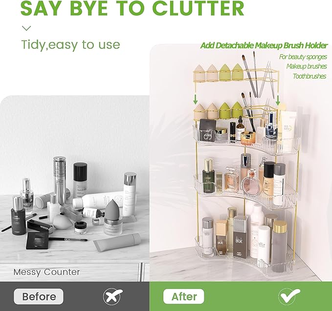 NATURE'S SOURCE Makeup Organizer for Vanity, 3-Tier Corner Bathroom Organizer Countertop with Makeup Brush Holder, Corner Counter Storage for Bathroom, Dresser, Kitchen（Clear