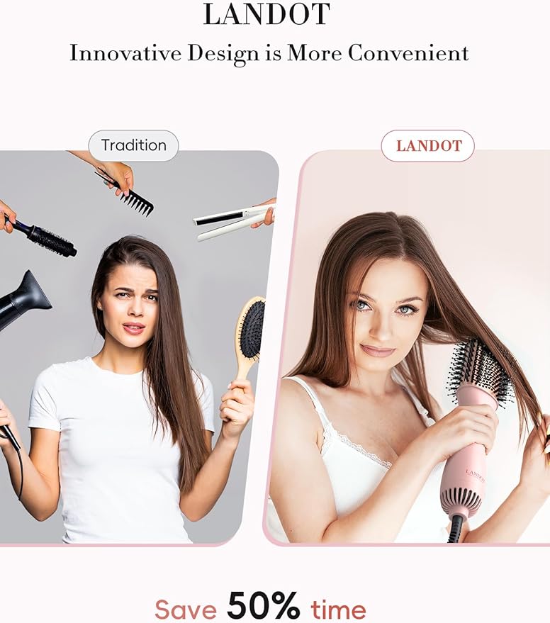 LANDOT Hair Blow Dryer Brush: One-Step Hot Air Brush with 60mm Oval Barrel - 4 in 1 HairDryer Styler and Volumizer for Drying Straightening Curling Volumizing Hair Fight Frizz and Add Volume