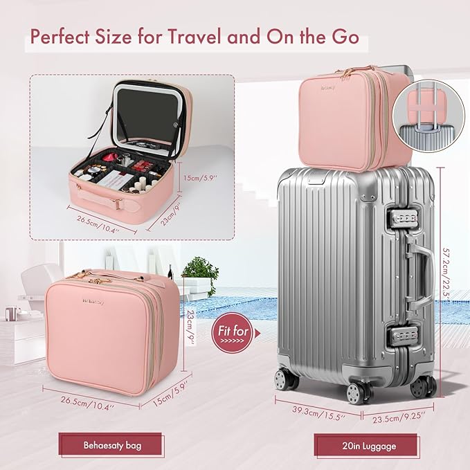 Travel Makeup Bag with LED Mirror Double Layer, Detachable Vanity Mirror with Lights, Tri-light Dimmable, Makeup Case with Adjustable Dividers and Brush Holder Cosmetic Organizer Storage Box