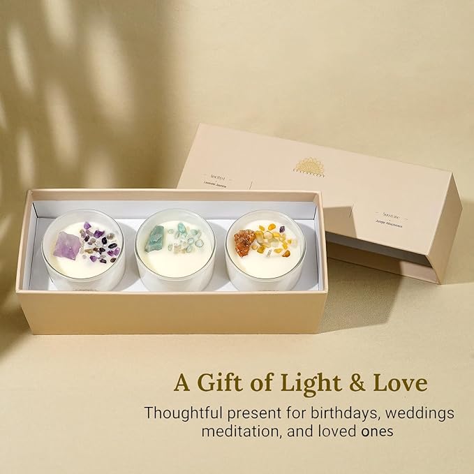 Healing Crystal Candles Gift Set for Women, 3 Pack Aromatherapy Soy Candles with Real Amethyst Amazonite Sunstone, Lavender Jasmine Coastal Breeze Scented Candles, Meditation Chakra Energy - 3.5oz