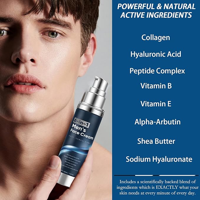 6-in-1 Face Cream for Men, Anti-Aging Moisturizer with Collagen, Hyaluronic Acid and Shea Butter, Reduces Wrinkles, Dark Circles and Puffiness, Men's Formula Daily Care 1.76 fl oz (1)