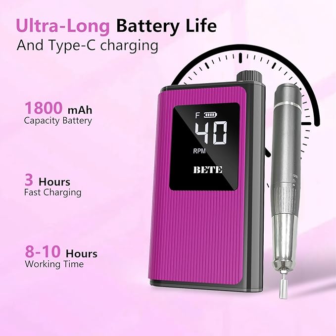 BETE Professional Nail Drill, 40000 RPM Cordless Electric Nail File Kit with 6 Bits, Rechargeable Efile for Acrylic Gel Nails Polishing, Manicure Tools for Salon Home Use, Rose Red