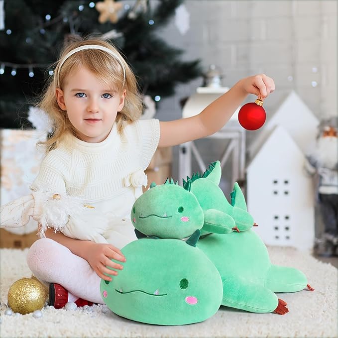 Cute Dinosaur Plush Pillow Soft Dino Stuffed Animal Kawaii Plushie Toy Hugging Pillow Great Gift for Kids and Adult Birthday Valentines, 20", Green