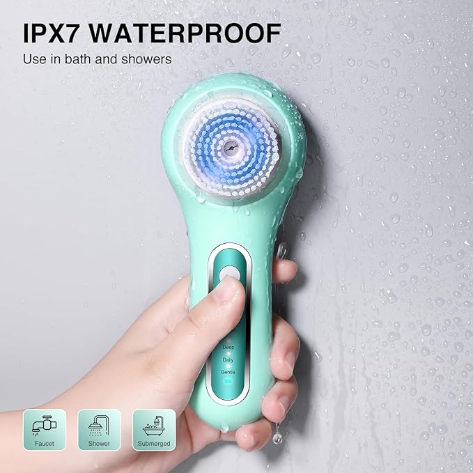 Face Scrubber Exfoliator, Rechargeable Facial Cleansing Brush with 2-Way Rotation & 3 Modes, 30-Day Runtime, 5 Brush Heads for SPA-Level Care, IPX7 Waterproof, Deep Cleaning for All Skin Types