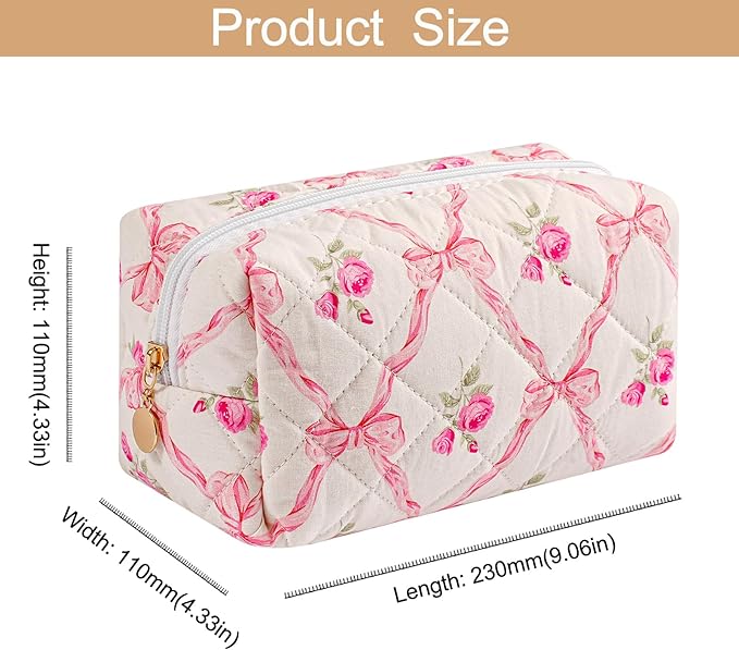 Travel Makeup Bag, Cosmetic Bag for Women Girls, Floral Flowers Toiletry Organizer, Portable Storage Bag, Pink Bowknot/Gold Zipper