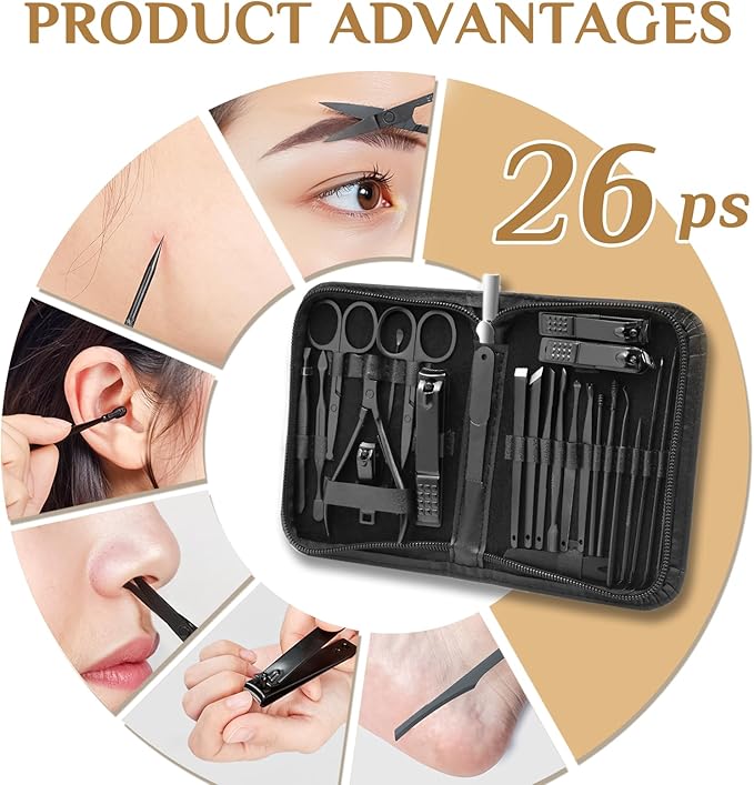 Manicure Set Professional Nail Clipper Kit-26 Pieces Stainless Steel Manicure Kit,Nail Care Tools with Luxurious Travel Case Nail Grooming Kit Present for Men Husband Boyfriend Parent
