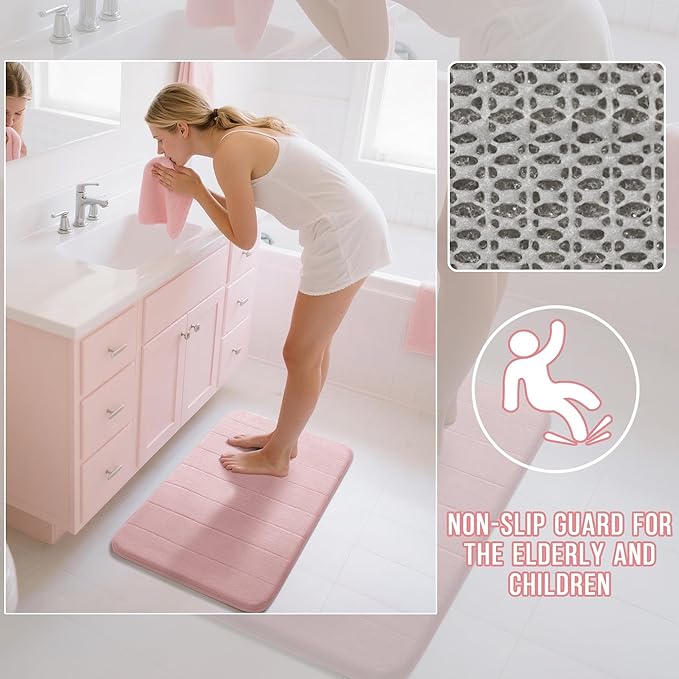 Yimobra Pink Bath Mat, Super Soft Absorbent Memory Foam Bathroom Rug Non Slip, Quick Dry, Machine Washable Floor Carpet for Tub Shower, Home Decor Accessories, 24x17