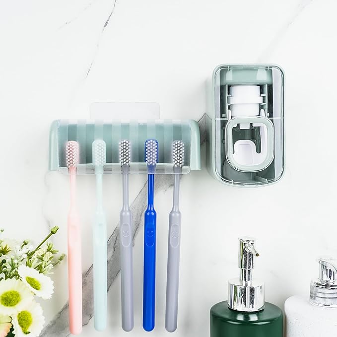 5 Slots Wall Mount Toothbrush Holder with Cover, Self Adhesive Toothbrush Storage Organizer for Shower, Toothbrush Hanger with Automatic Toothpaste Squeezer Dispenser (Blue)