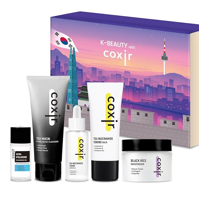 coxir K-Beauty Seoul Glow Set – 5-Step Korean Skincare Routine with TXA & Black Rice – Cleansing oil, Mask Cleanser, Ampoule, Balm & Moisturizer
