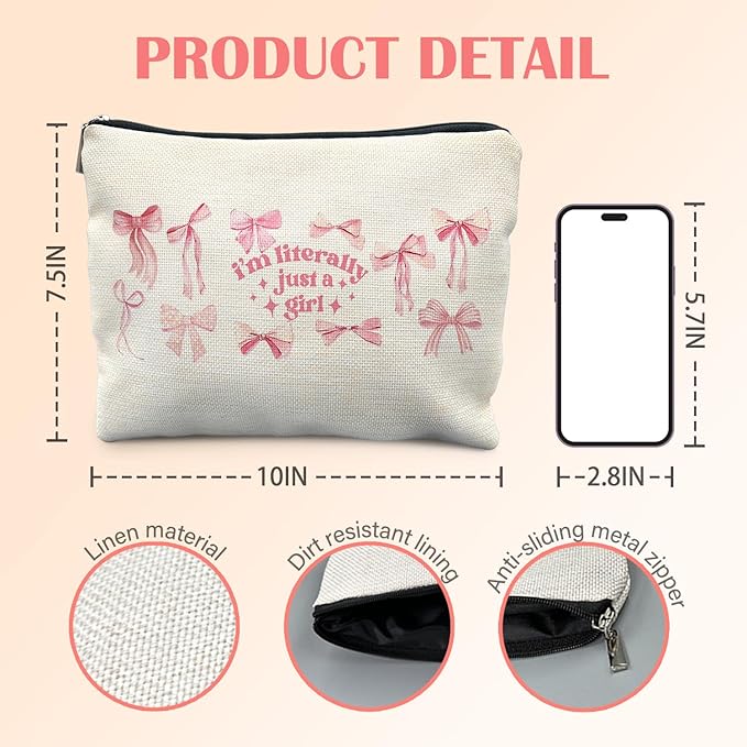 Coquette Pink Bow Makeup Bag for Women, Bow Gifts for Women, Preppy Girly Cosmetic Bag for Purse, Aesthetic Pink Bows Makeup Zipper Pouch