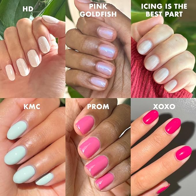 Olive & June Bestsellers Gel Polish Set | UV LED Nail Lamp Needed | Includes 6 Shades (HD, KMC, Pink Goldfish, Icing Is The Best Part, Prom, XOXO) + Gel Top Coat & Base Coat & Peel-Off Base HEMA-Free
