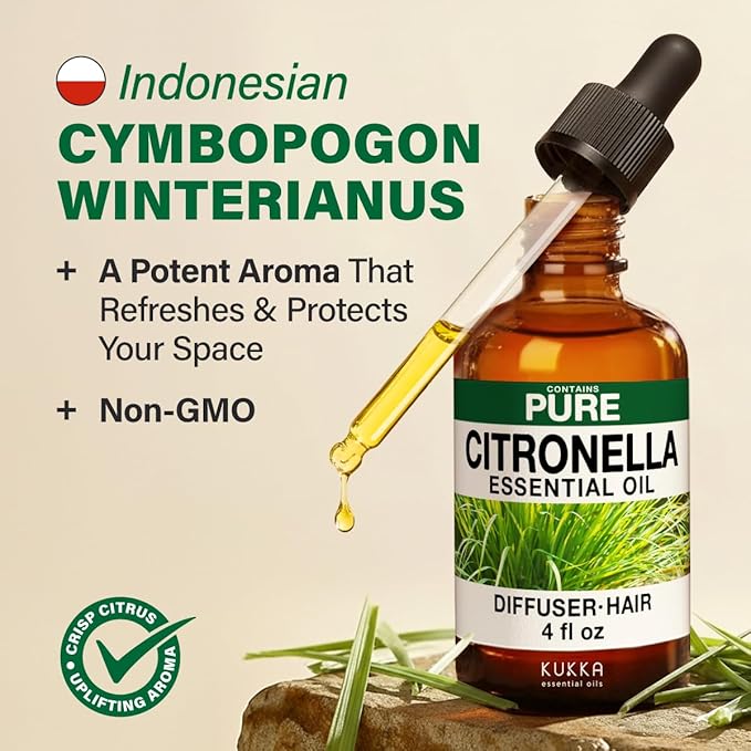 KUKKA Citronella Essential Oils - 4 Fl Oz - for Hair, Skin, Diffuser, Aromatherapy & DIY Soap Making Scent