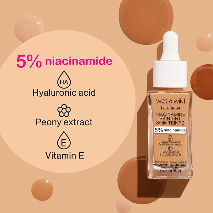 wet n wild Bare Focus Skin Tint, 5% Niacinamide Enriched, Buildable Sheer Lightweight Coverage, Natural Radiant Finish, Hyaluronic & Vitamin Hydration Boost, Cruelty-Free & Vegan - Peach Ivory