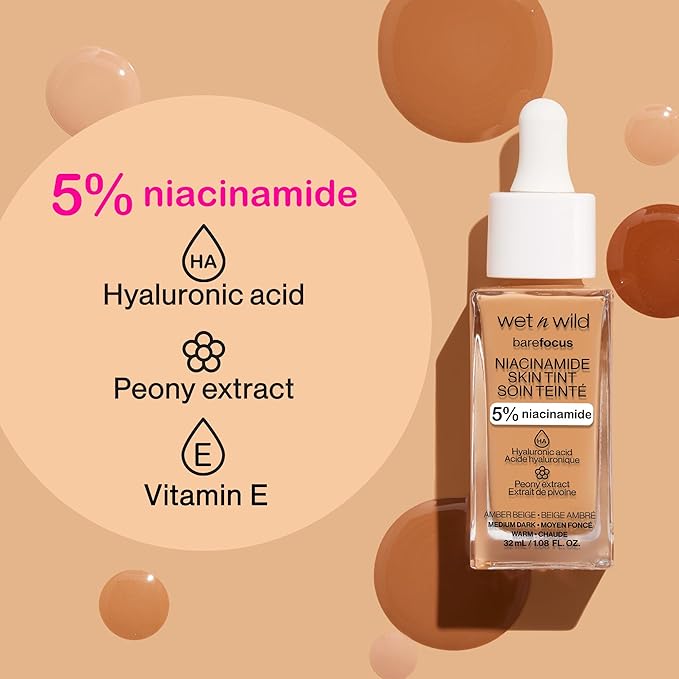 wet n wild Bare Focus Skin Tint, 5% Niacinamide Enriched, Buildable Sheer Lightweight Coverage, Natural Radiant Finish, Hyaluronic & Vitamin Hydration Boost, Cruelty-Free & Vegan - Truffle