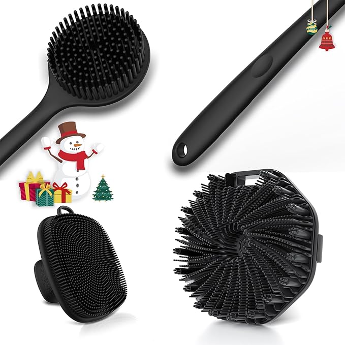 3 PCS Silicone Bath Brush Set,Back Scrubber & Body Brush & Face Brush Set, Super-Exfoliating & Lathering Body Scrubber, Shower Brush, Face Scrubber Combination for HomeBathroom Hotel Travel.(Black)