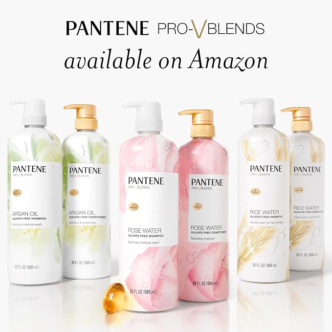 Pantene Sulfate Free Rose Water Shampoo, Soothes, Replenishes Hydration, Safe for Color Treated Hair, Nutrient Infused with Vitamin B5 and Antioxidants, Pro-V Blends, 30.0 oz