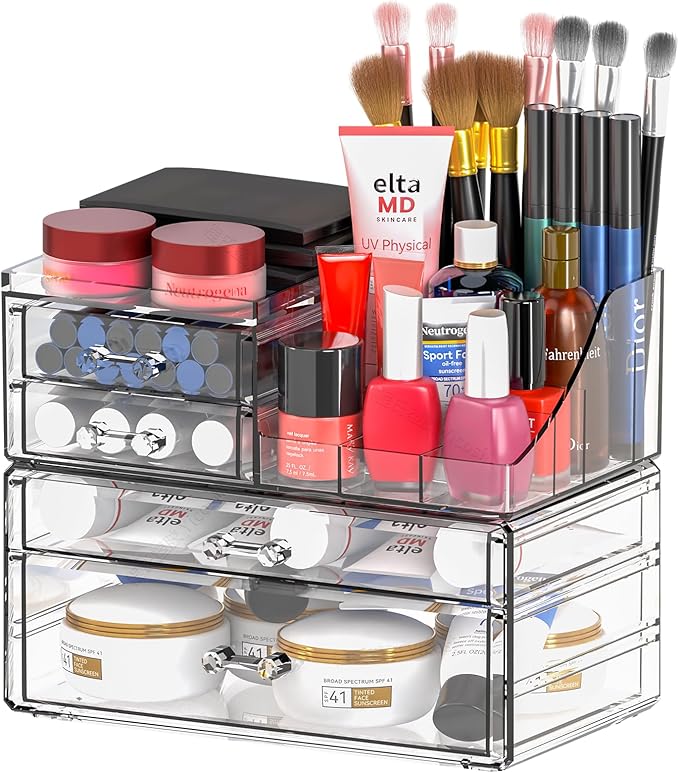 SUOXING Clear Acrylic Makeup Organizer for Vanity,Bathroom,Dresser,4 Drawer Make up Organizers for Counter,Plastic Countertop Makeup Storage for Beauty,Hair Accessory,Brush,Cosmetic,Skincare Organizer