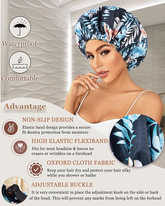 Shower Caps for Women Waterproof Reusable… (Black Palm)