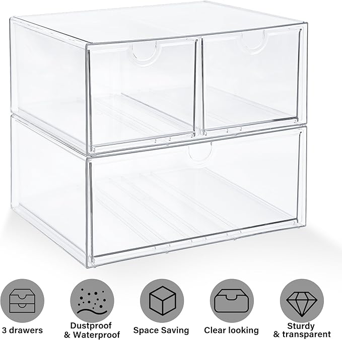 Prsildan Acrylic Drawer Makeup Organizer with 3 Drawers, Clear Stackable Storage for Baby Bottles, Craft, Jewelry & Hair Accessories, Multi-Use for Vanity, Countertop, Office Desk Organization